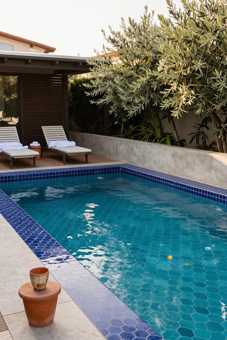 Rectangular turquoise pool with blue hexagonal mosaic tiles on the bottom and edges, next to a concrete deck holding two white loungers with towels, a terracotta pot, wooden deck area, and olive trees in the background.