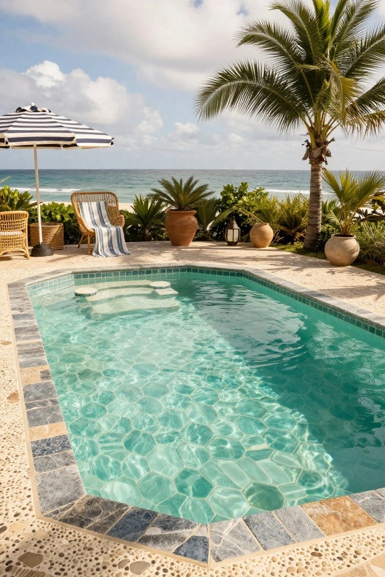 Rectangular pool with turquoise hexagonal tiles and light blue water, surrounded by beige stone decking edged in darker stone, lounge chairs with towels, striped umbrella, potted plants, palm trees, and ocean view.