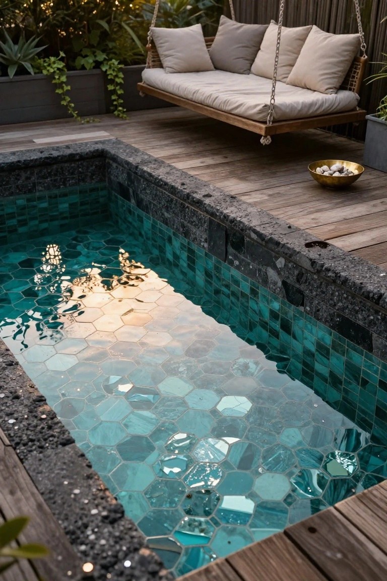 Small rectangular plunge pool lined with turquoise hexagonal tiles, black stone edging, wooden deck surround, hanging swing bed, bowl of stones, and potted plants.
