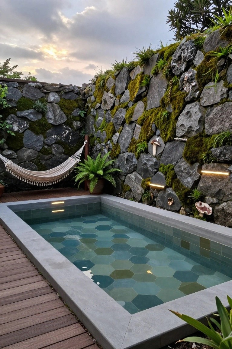 Small rectangular plunge pool with multicolored hexagonal teal and green tiles, set in a wooden deck surrounded by mossy stone walls, plants, a hammock, and shell decorations.