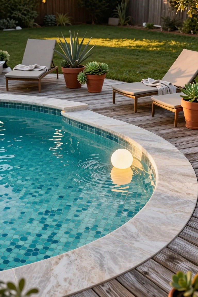 Curved pool with turquoise geometric mosaic tiles along the edge, wooden deck with lounge chairs and potted plants, and a white floating orb light in the water.