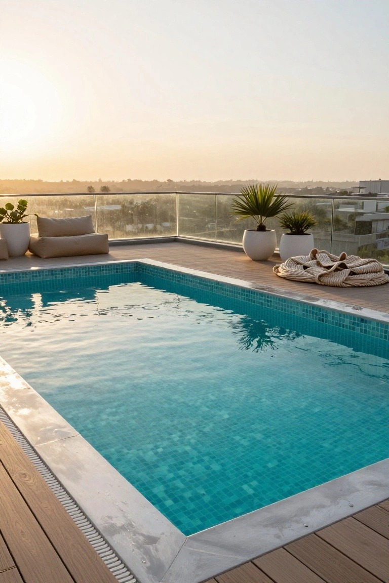 Rooftop rectangular pool with turquoise mosaic tile interior, surrounded by light wood decking, white pots with plants, beige cushions, and a woven basket nearby, glass railing, sunset city view.