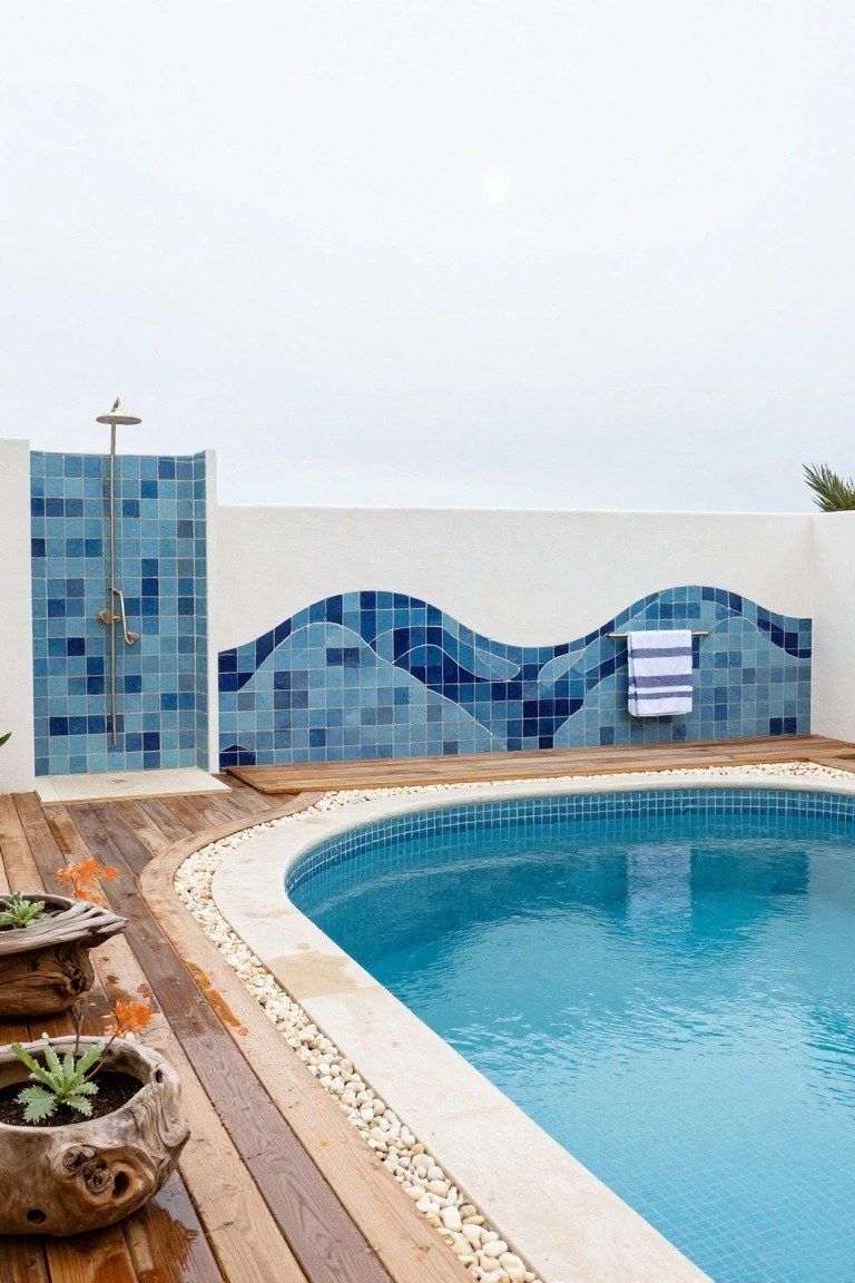 Curved turquoise pool edged with white pebbles and blue wavy mosaic tiles, next to an open outdoor shower with stainless steel fixtures and blue geometric tiled walls, on a wooden deck with potted plants.