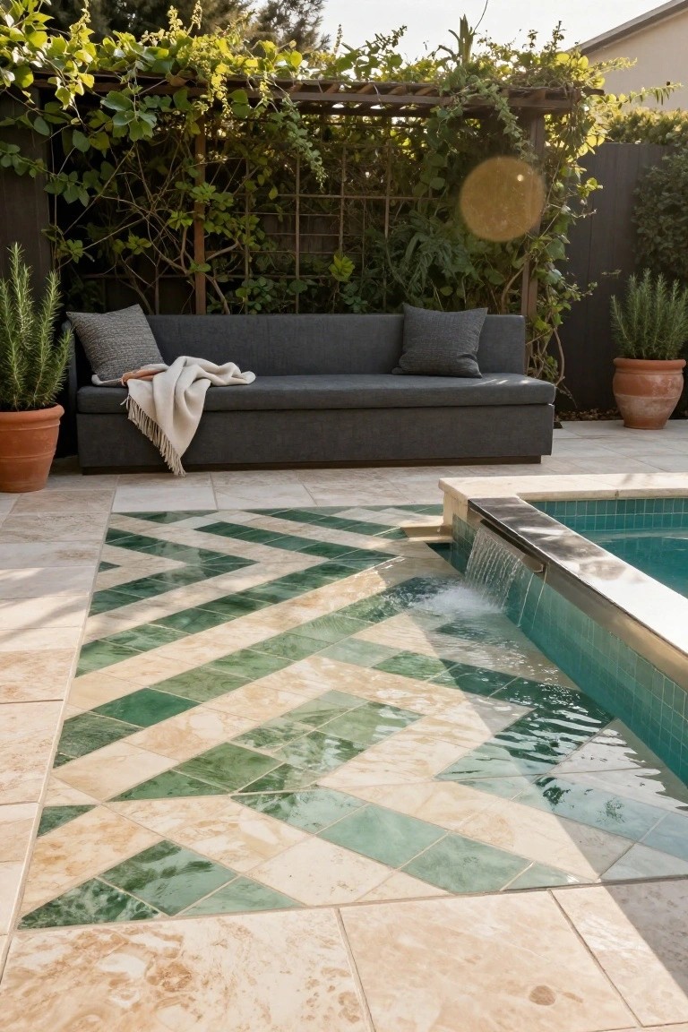 Gray outdoor sofa with pillows and throw on a patio with potted plants, adjacent to a geometric green and beige zigzag tiled deck leading to a turquoise pool with a stainless steel waterfall edge and vine-covered trellis in the background.