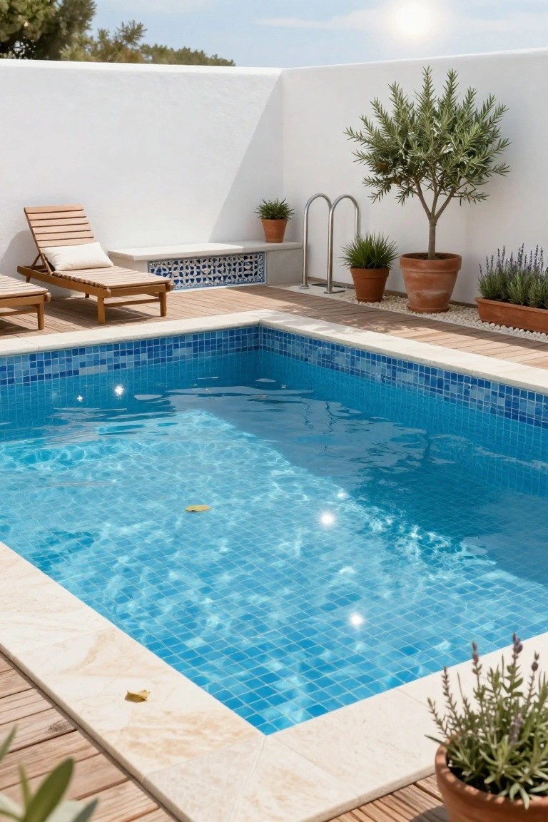 Small rectangular pool with blue mosaic tiles and clear water, edged by beige stone coping and wooden deck, with lounge chairs, potted plants, olive trees, and white walls nearby.