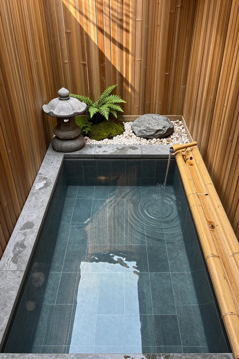 Overhead view of a small rectangular pool with dark blue-green tiles, water flowing from a bamboo spout, surrounded by bamboo walls, a stone lantern, ferns, moss, rocks, and pebble accents.
