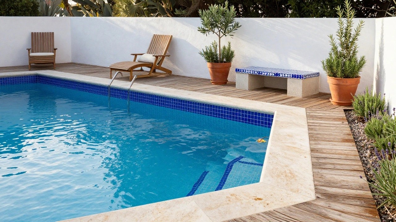 Small rectangular pool with blue mosaic tiles and clear water, edged by beige stone coping and wooden deck, with lounge chairs, potted plants, olive trees, and white walls nearby.