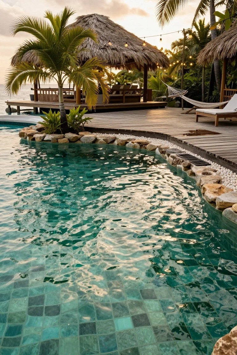 Curved outdoor swimming pool with green mosaic tiles, edged by rocks and white pebbles, adjacent to a wooden deck featuring loungers, hammocks, and thatched cabanas amid palm trees at dusk.