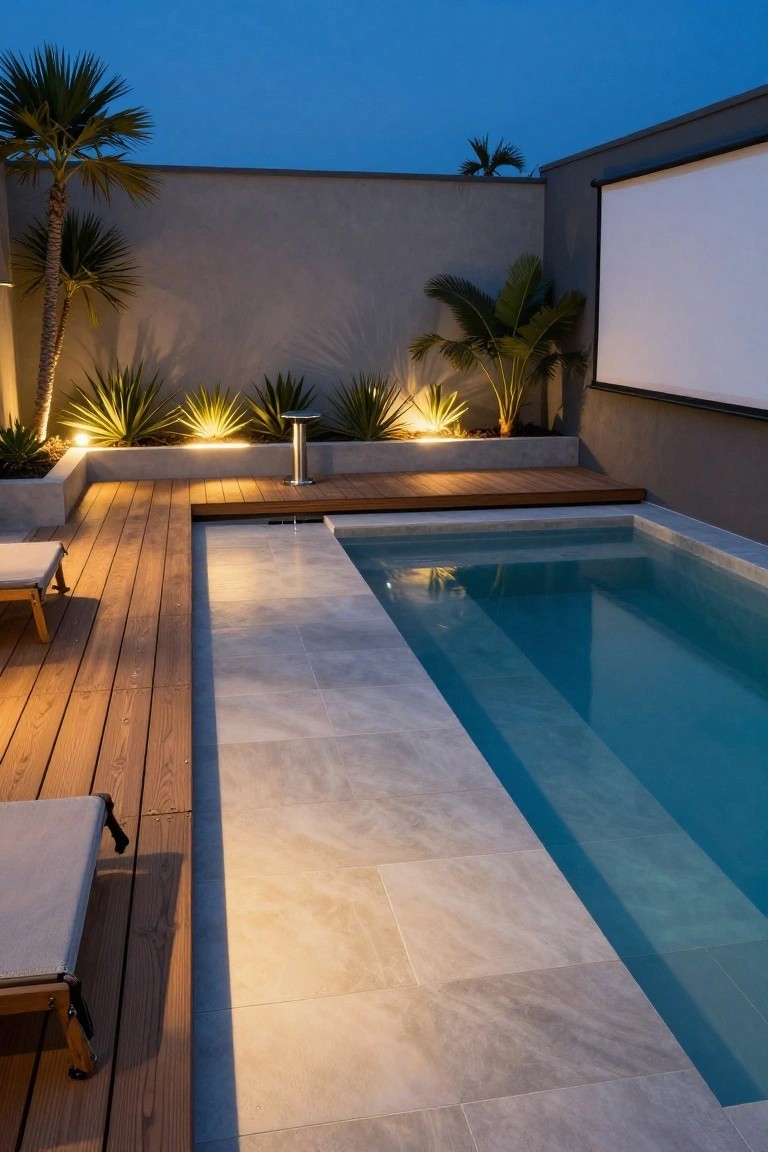 Rectangular pool with light grey tiled surround and step edge at dusk, bordered by wooden deck with two lounge chairs, lit agave plants in raised beds, palm trees, stainless steel stool, and projection screen on a textured wall.