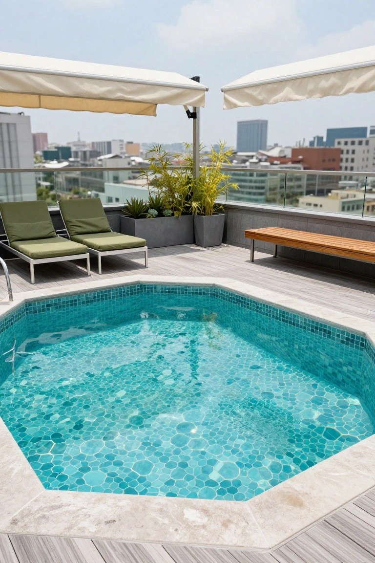 Rooftop pool area with hexagonal turquoise mosaic tiles, green loungers, potted plants, wooden bench, beige umbrellas, and city skyline view.
