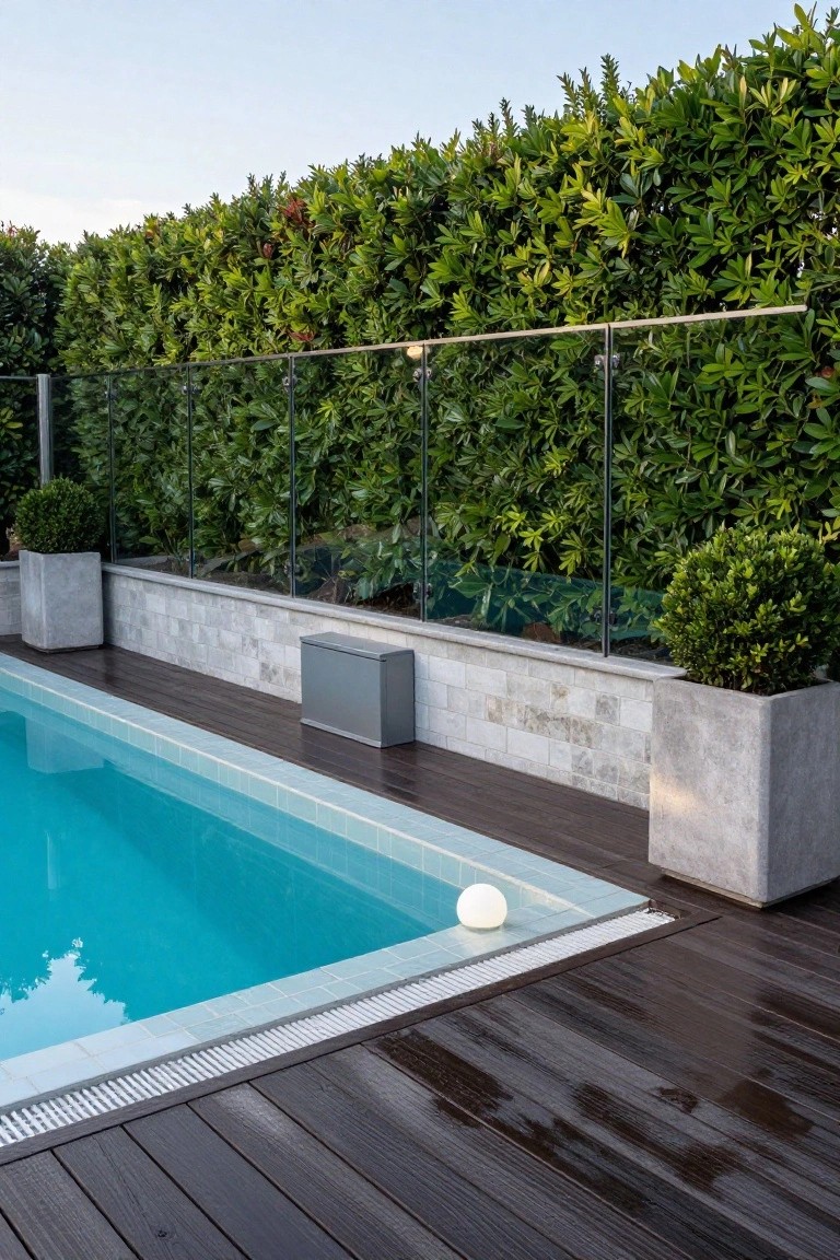 Turquoise swimming pool with light blue tiles on walls and floor edged in white, bordered by dark wet wooden decking, low stone wall with gray storage box, glass panel fence backed by tall green hedges, potted plants, and floating white orb light.