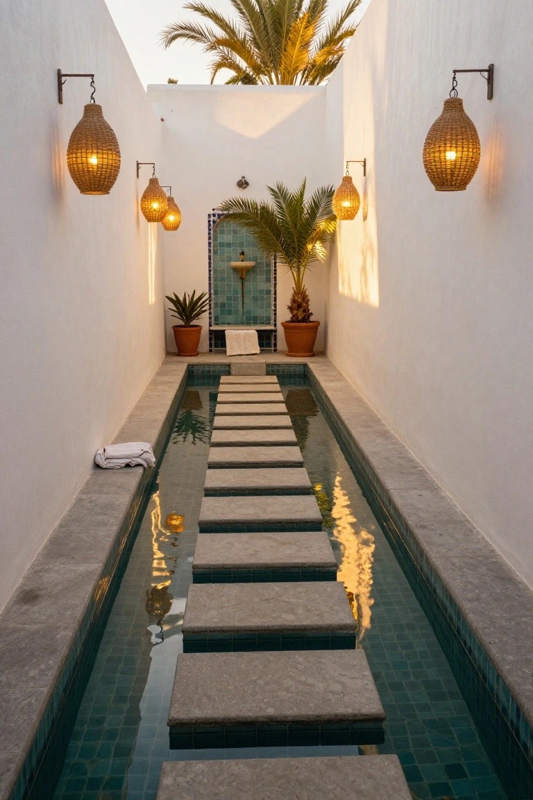 Narrow linear outdoor pool with green mosaic tiles and gray stone stepping stones across the water, white walls on both sides, potted palms and agave plants, hanging rattan lanterns, and a blue-tiled doorway at the end.