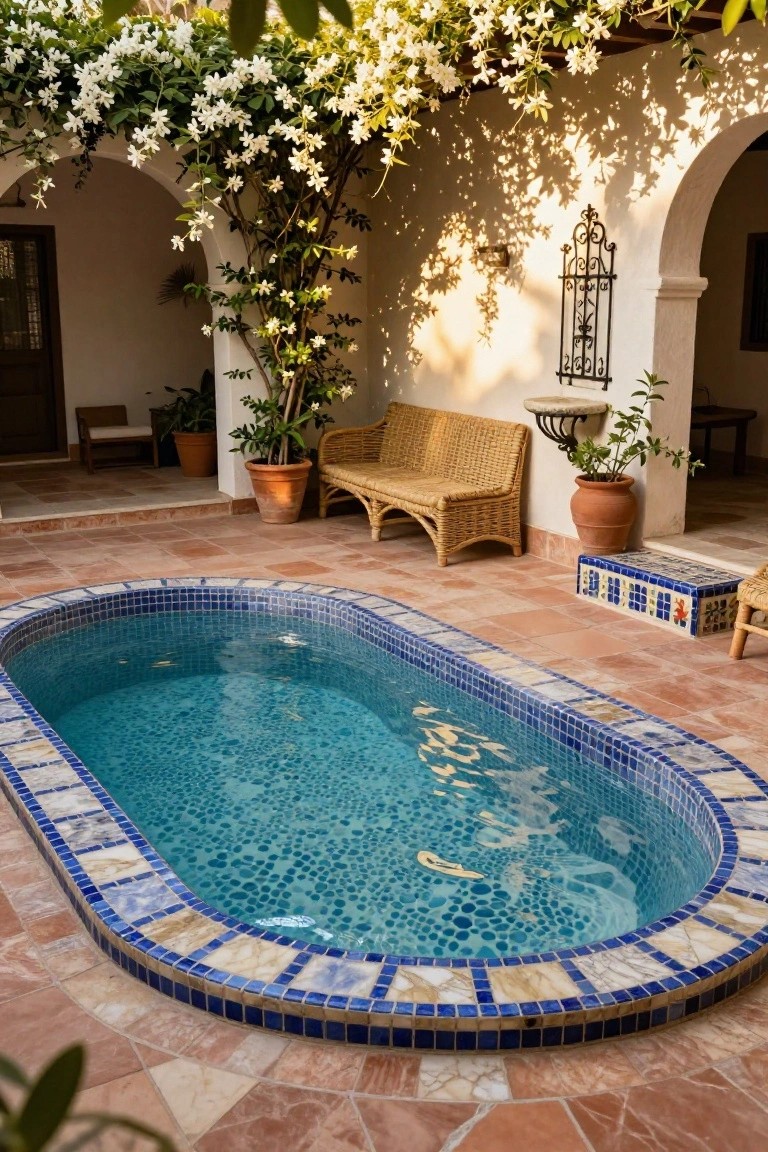 Oval in-ground pool tiled in blue mosaics with terracotta patio flooring surrounding it in a shaded outdoor courtyard featuring white jasmine vines, potted plants, a rattan bench, and arched doorways.