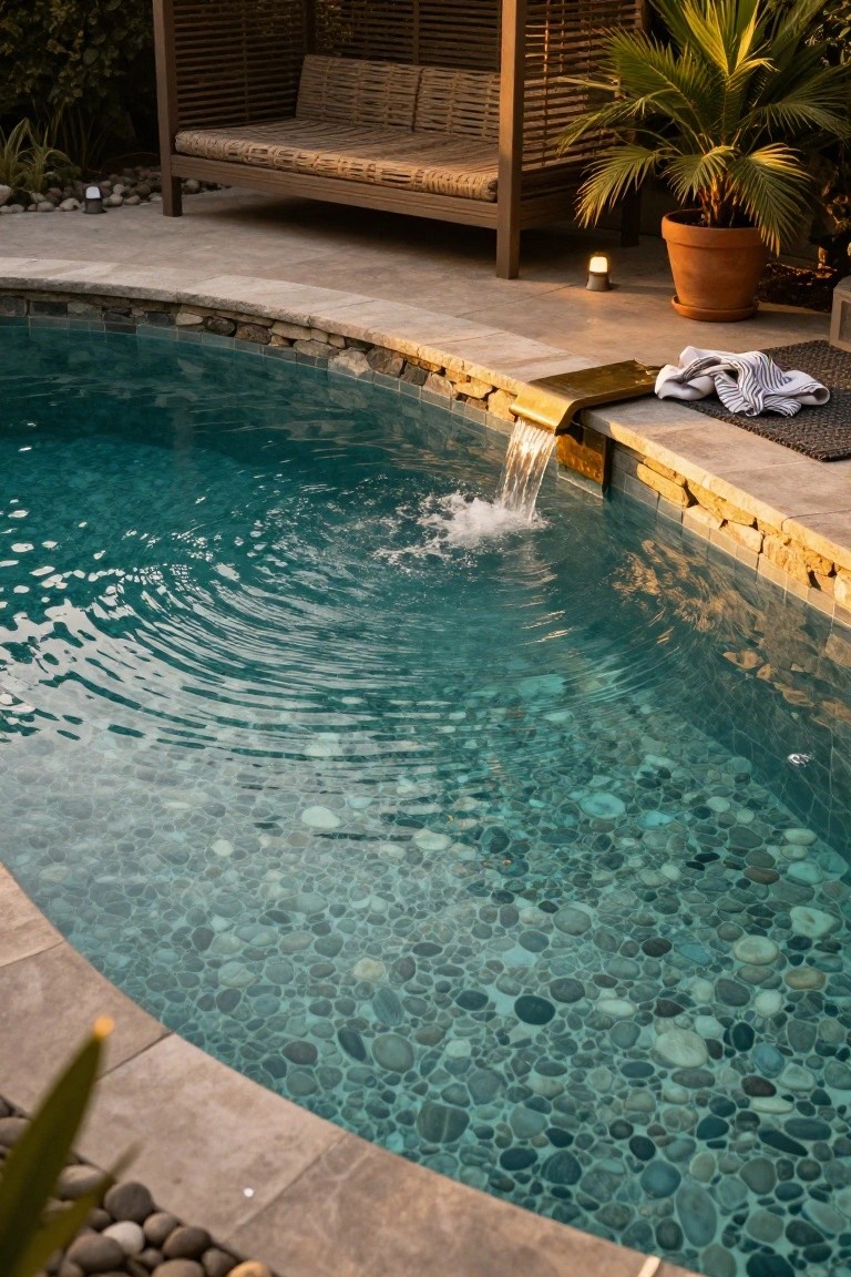 Curved turquoise swimming pool with pebble mosaic tiles on the bottom and sides, gold waterfall feature pouring into the water, stone decking around the edge, potted palm plant, wooden pergola with bench, and towel on the deck.