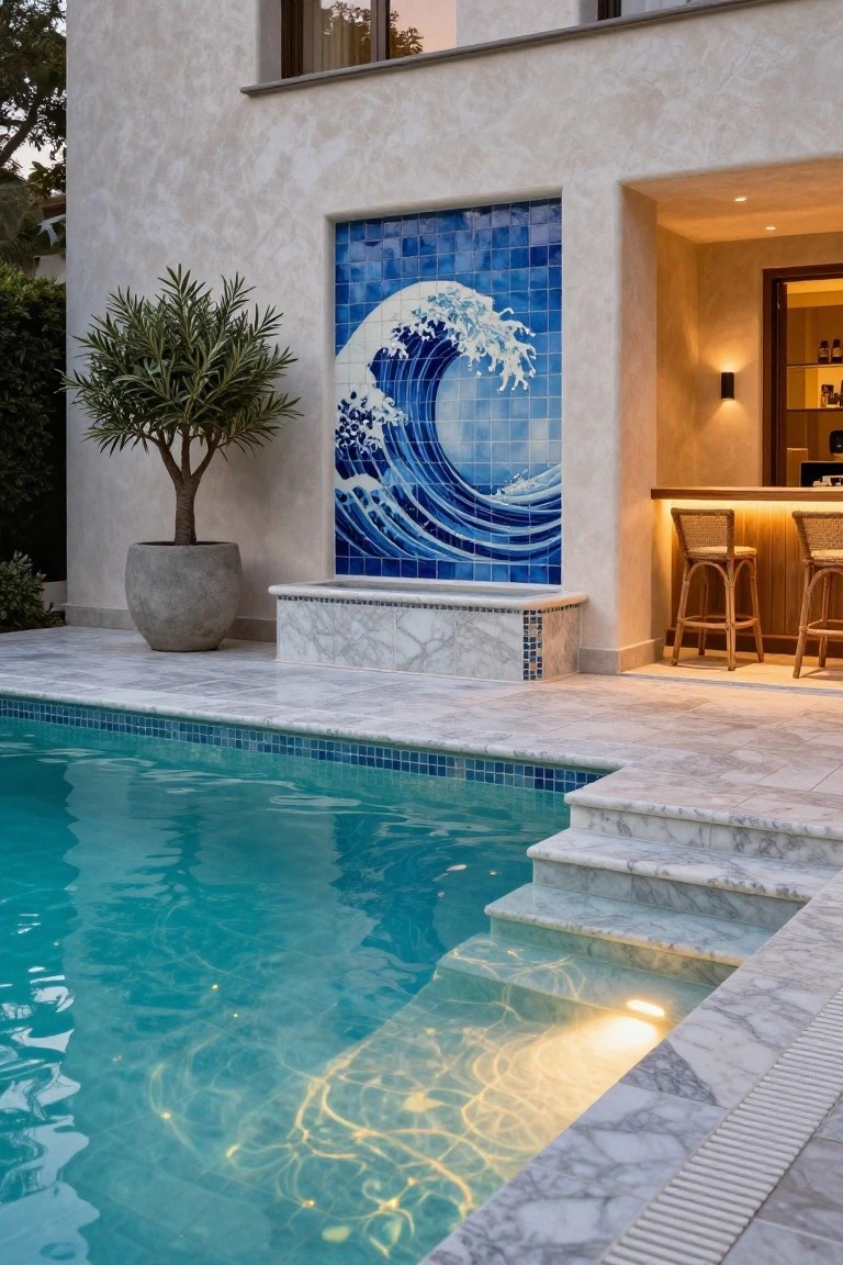 Outdoor pool with blue tiles and marble steps, large blue tiled wave mural on beige stucco wall, potted olive tree in gray pot, and adjacent bar area with wooden stools.
