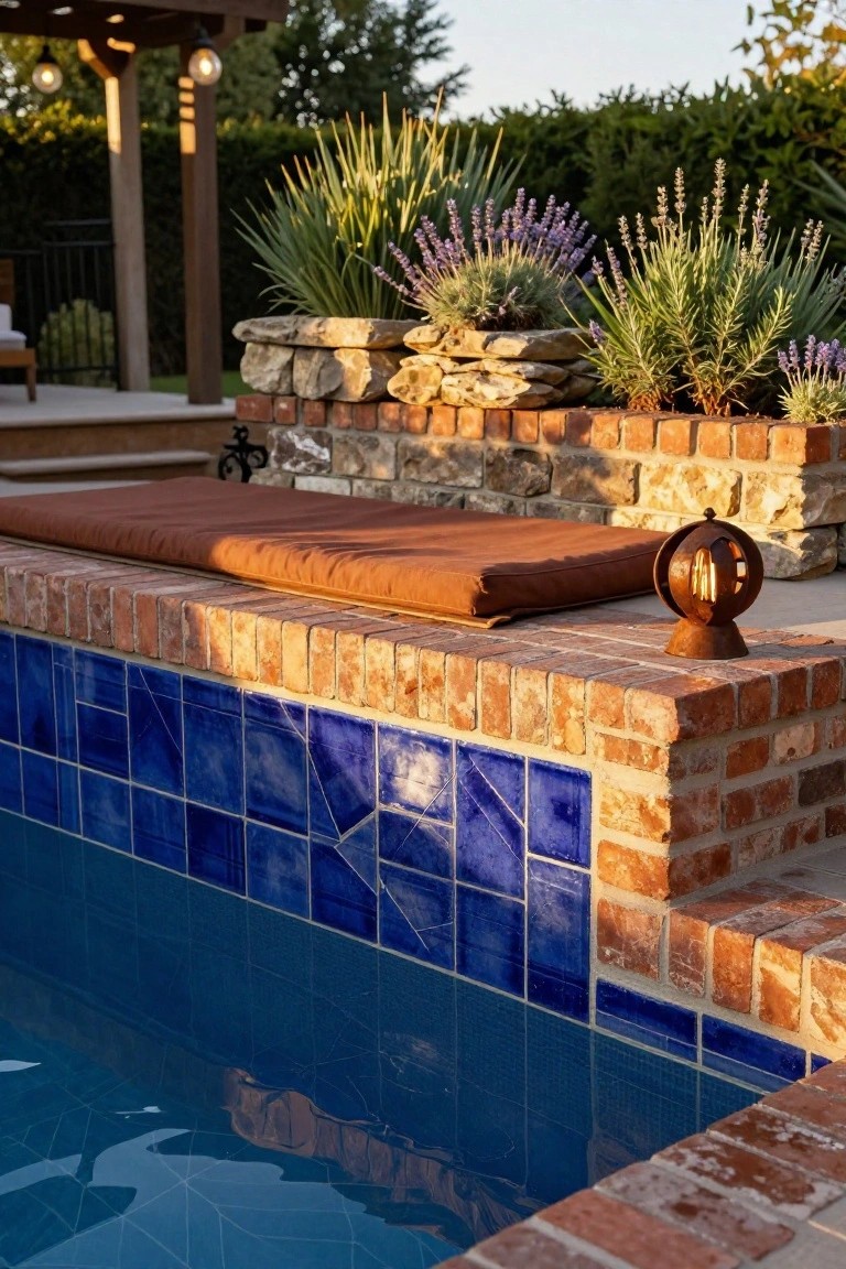 Raised tan brick pool edge topped with a brown rectangular cushion serving as a bench, surrounded by lavender plants and stone features, next to a blue mosaic-tiled swimming pool with clear water and a metal lantern light on the brick.
