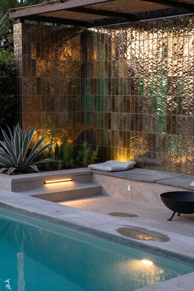 Poolside concrete bench with gray cushions against a tall wall of textured metallic green and gold tiles, flanked by agave plants and rosemary, with a black fire pit nearby and turquoise pool water edged in concrete.