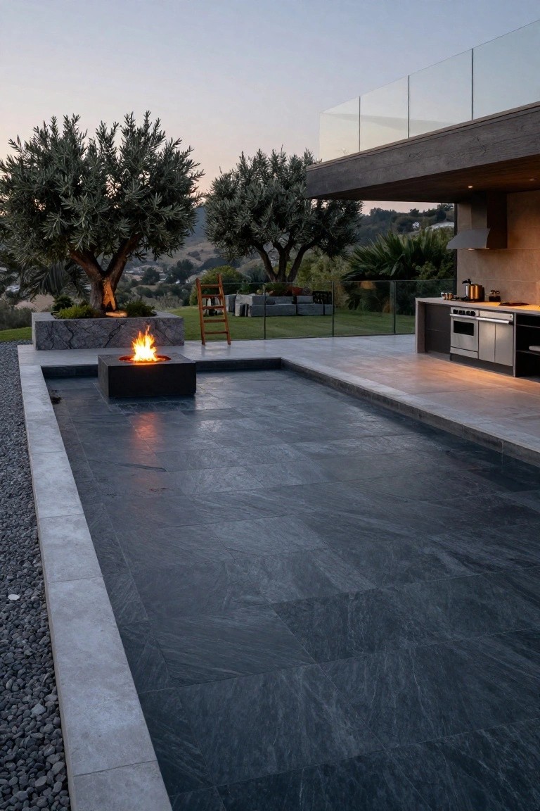 Modern infinity-edge pool with dark gray slate tiles, square built-in fire pit in the shallow end, stone decking, nearby outdoor kitchen, glass pool fence, and olive trees on a hillside.