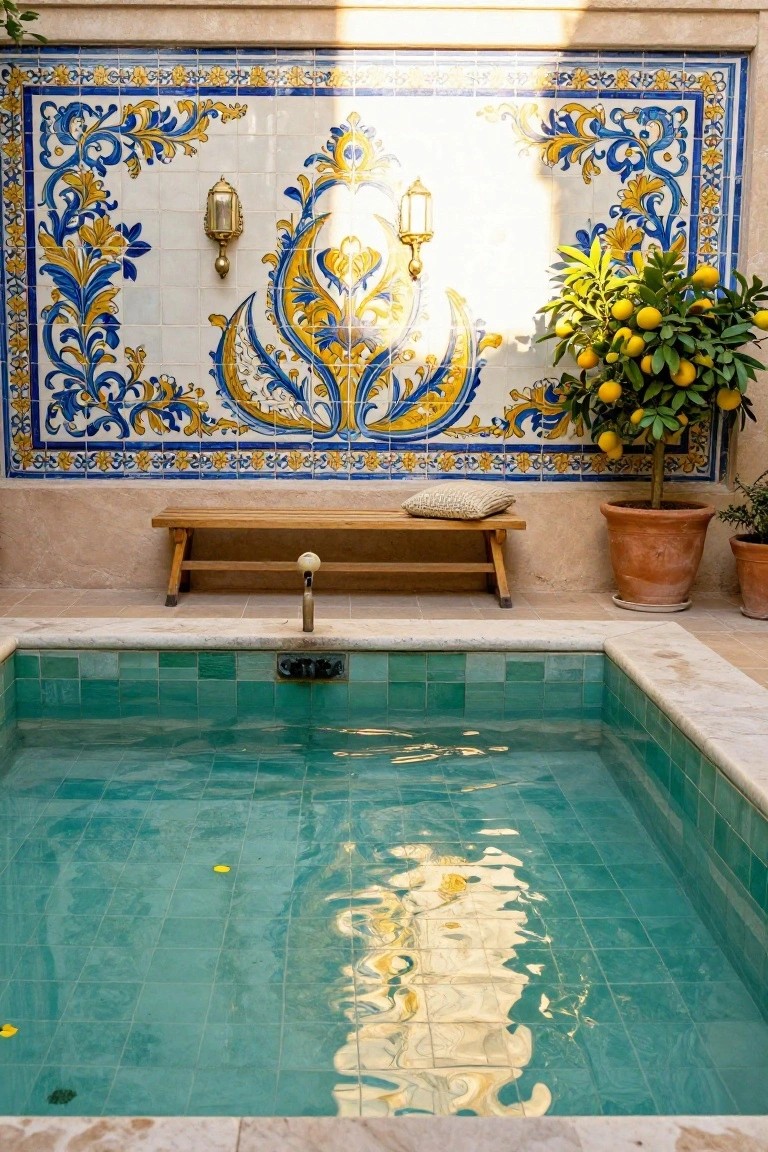 Small rectangular pool with turquoise tiles in a stone-floored courtyard, surrounded by ornate blue, yellow, and white ceramic wall tiles, wooden bench with cushion, lemon tree in terracotta pot, and wall-mounted lanterns.