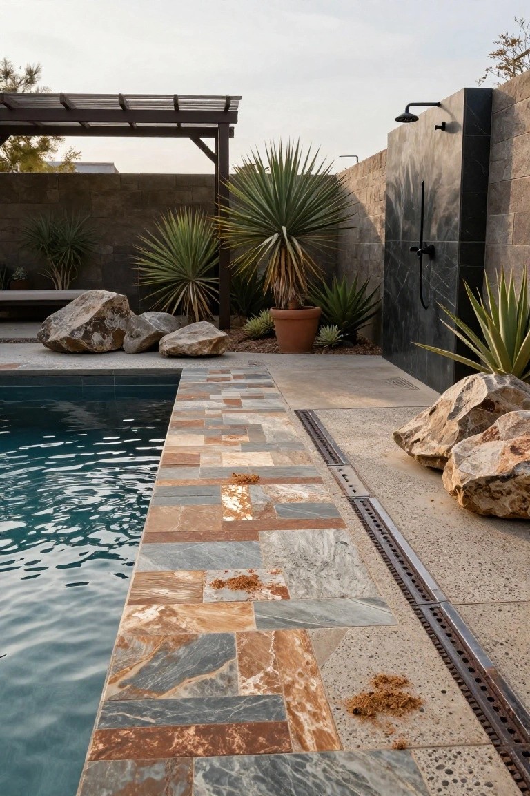 Pool edge lined with irregularly shaped multicolored stone tiles in earth tones, adjacent to large boulders, potted plants, and an outdoor shower on a textured wall.