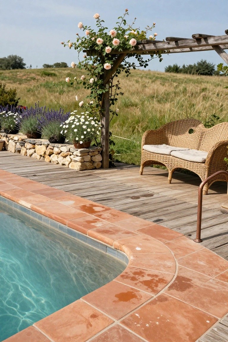 Pool with curved terracotta tiled edge and light blue water, adjacent wooden deck, wicker loveseat, stone garden wall with lavender and rose-covered pergola, and grassy fields in background.