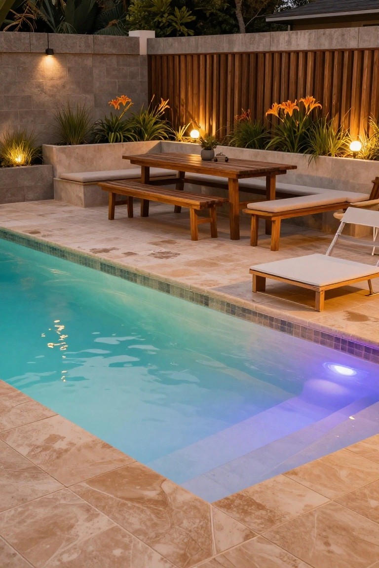 Backyard pool with beige travertine deck tiles, wooden dining table and benches, white loungers, potted plants, and globe lights along a timber fence at dusk.