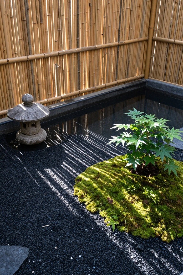Small black rectangular pool in a Zen garden with black gravel ground, moss-covered mound holding a Japanese maple sapling, stone lantern nearby, and tall bamboo fence casting striped shadows across the scene.
