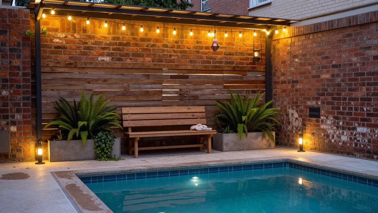 Nighttime poolside scene with wooden bench under black metal pergola strung with globe lights, potted ferns on either side lit by lanterns, brick wall backdrop and glowing pool water.