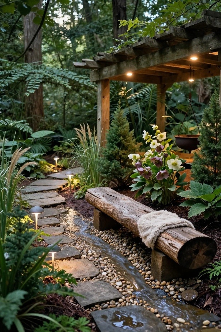 A stone path lined with low mushroom-shaped lights winds through lush ferns, grasses, and flowers beside a small pebble stream, leading to a wooden log bench under a wooden pergola in a forested garden.