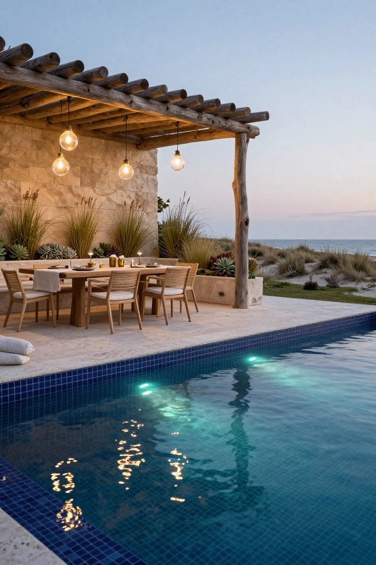 Wooden pergola with hanging globe lights over an outdoor dining table with chairs next to a glowing blue-tiled pool, stone wall with grasses, and sand dunes by the ocean at dusk.