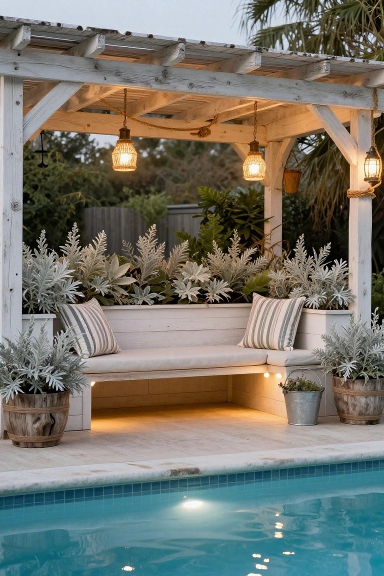 White wooden pergola with hanging woven lanterns over a cushioned bench surrounded by potted silver-leaf plants, positioned next to a lit blue pool at dusk.