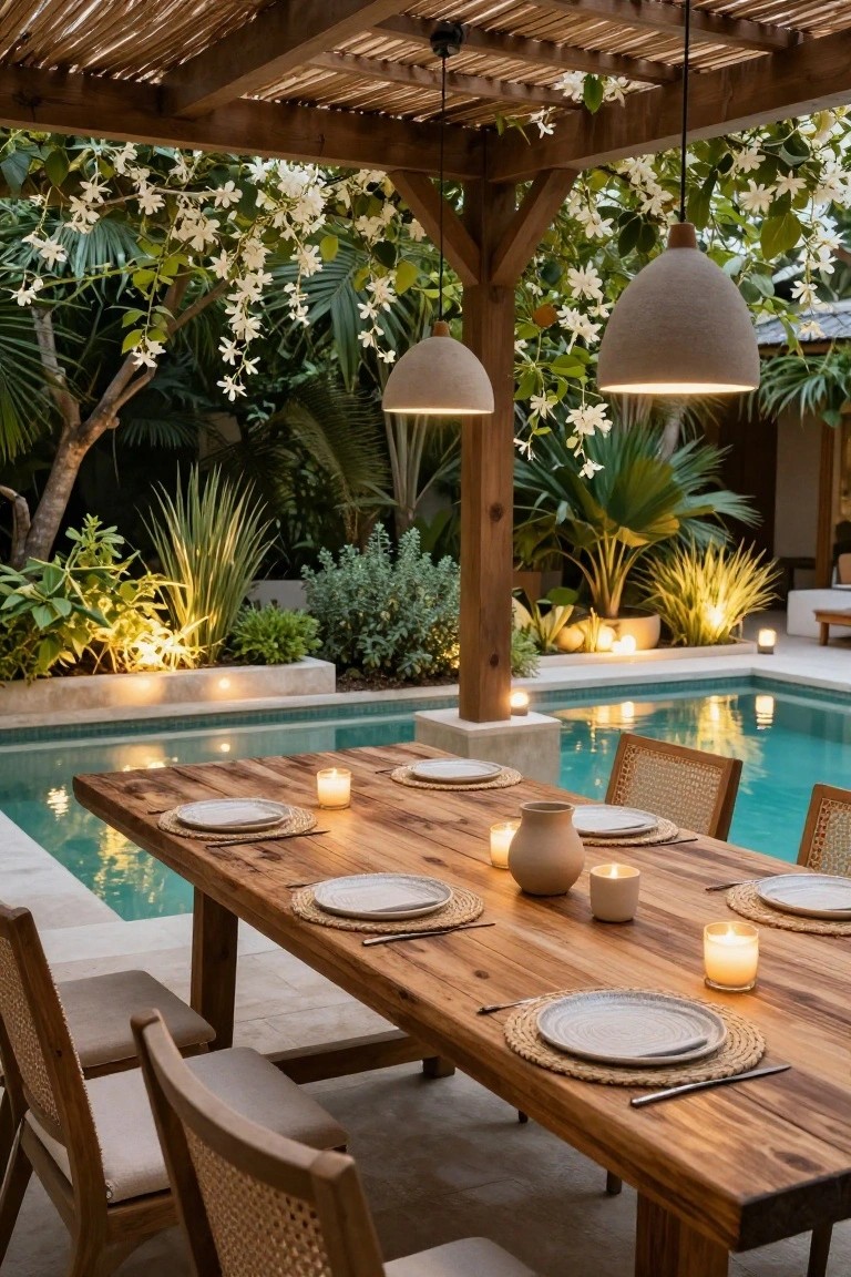 Outdoor wooden dining table set with plates and candles beside a turquoise pool, under a thatched pergola with hanging beige pendant lights, surrounded by tropical plants and garden lanterns.