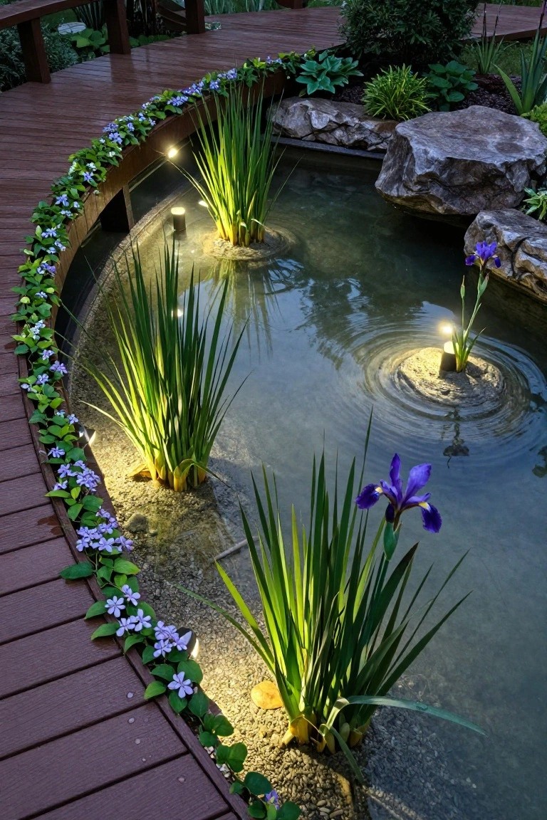 Curved wooden walkway edged with purple flowers around a pond with rocks, illuminated reeds, and purple iris plants lit by submerged and edge-mounted lights.