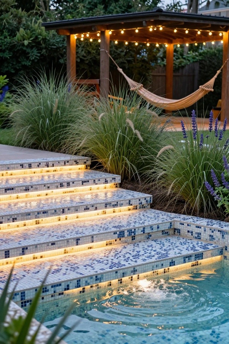 Mosaic tiled steps with under-edge LED lighting leading down to a turquoise pool, flanked by tall ornamental grasses and lavender plants, with a wooden pergola and hammock in the background.