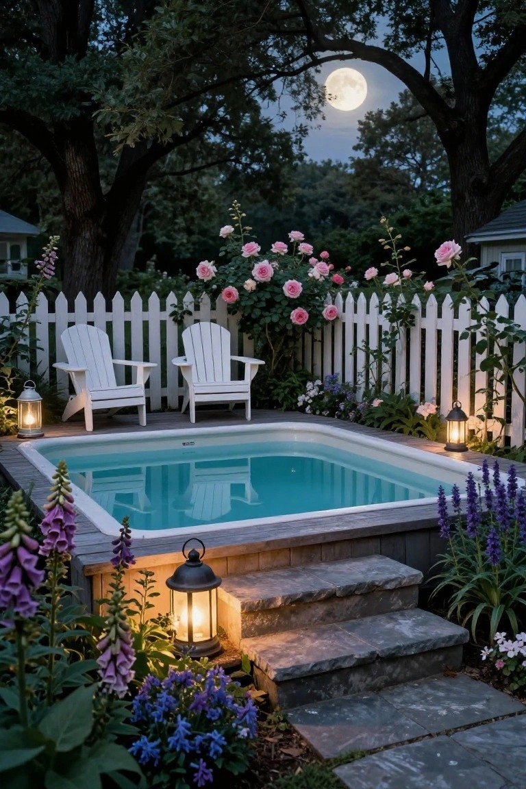 Nighttime photo of a small turquoise above-ground pool surrounded by purple foxgloves, pink roses, white Adirondack chairs on a deck, stone steps with black lanterns, white picket fence, trees, and a full moon overhead.