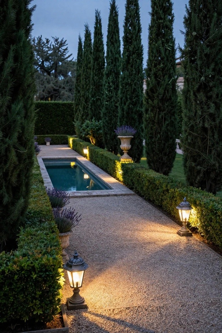 Narrow rectangular pool surrounded by tall cypress trees, boxwood hedges, lavender plants in urns, and a gravel path lined with vintage metal lantern lights at dusk.