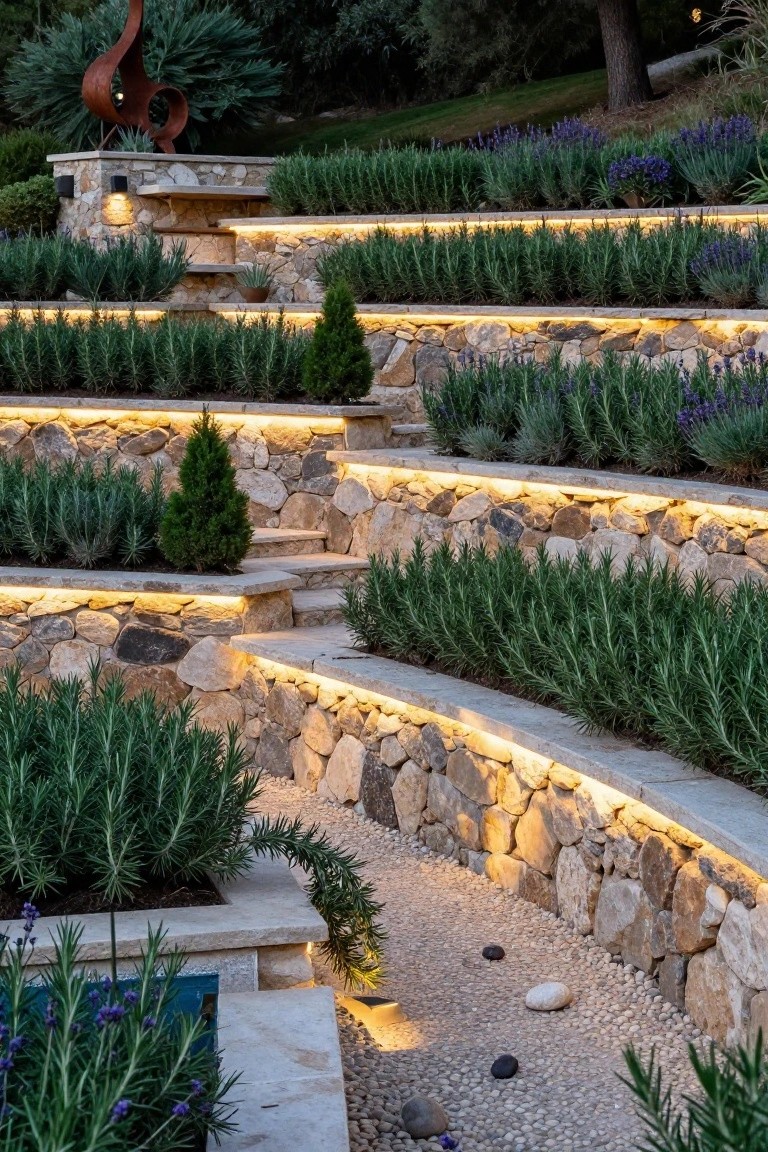 Terraced stone retaining walls with LED strip lights along the edges illuminating rows of rosemary and lavender plants, stone steps, and a gravel path winding through the garden.