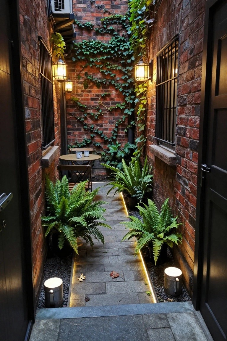 Narrow brick passageway between buildings with ivy climbing walls, ferns lining stone path, small round table with two chairs, wall-mounted lanterns, cylindrical ground lights, LED strip along path edge, and black doors at both ends.