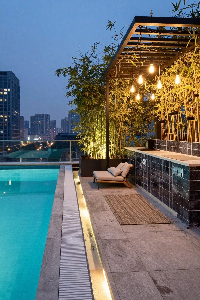 Rooftop infinity pool at dusk with a black metal pergola overgrown with bamboo, warm hanging pendant lights, blue tiled bar counter, woven rug, wooden lounge chair, and city skyline in the background.