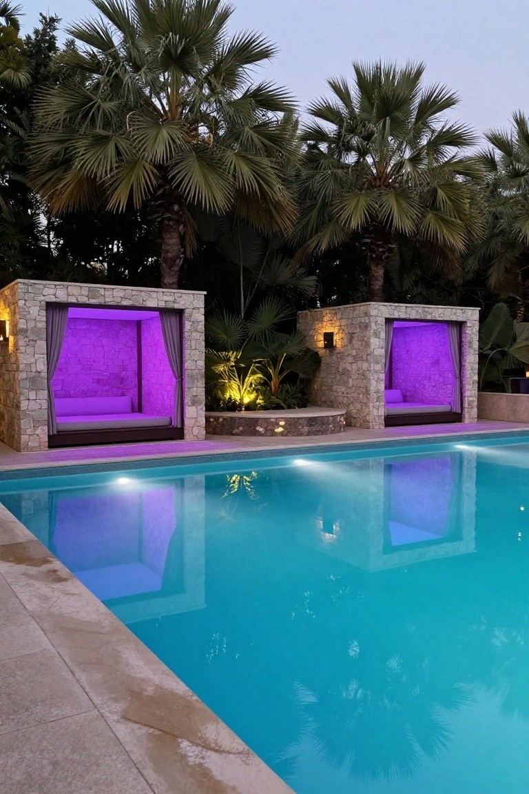 Two open stone cabanas with purple interior lighting and gray curtains positioned beside a lit turquoise pool at dusk, surrounded by palm trees and tropical plants.