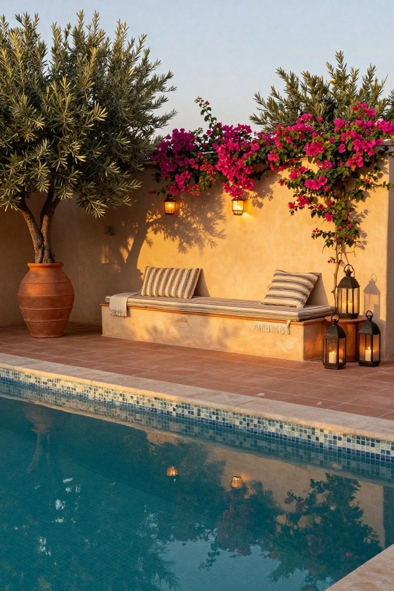 Poolside built-in bench with striped cushions and throw blanket, next to a large terracotta pot and olive tree, bougainvillea vines on ochre wall with hanging lanterns, floor lanterns nearby, and turquoise tiled pool reflecting the scene at sunset.