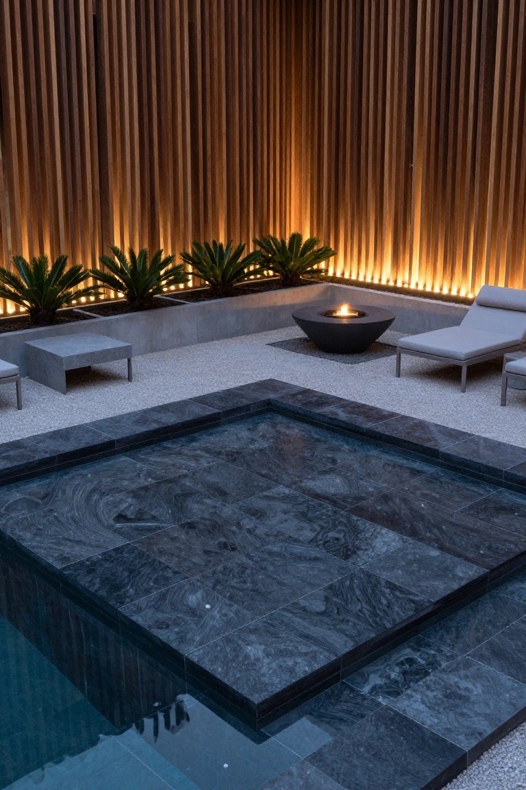 Corner of an outdoor pool area featuring dark stone pool coping, pebble ground cover, two beige chaise lounges, a black round fire pit with flame, potted palm plants in concrete planters, low concrete benches, and vertical wooden slat walls with base LED lighting.