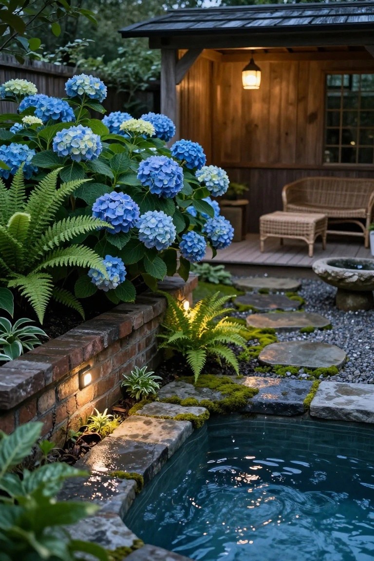 Evening garden with small blue pool edged in mossy stone and lit brick wall, lush blue hydrangeas and ferns, stone path steps, wooden gazebo structure with rattan chairs and warm hanging lantern.