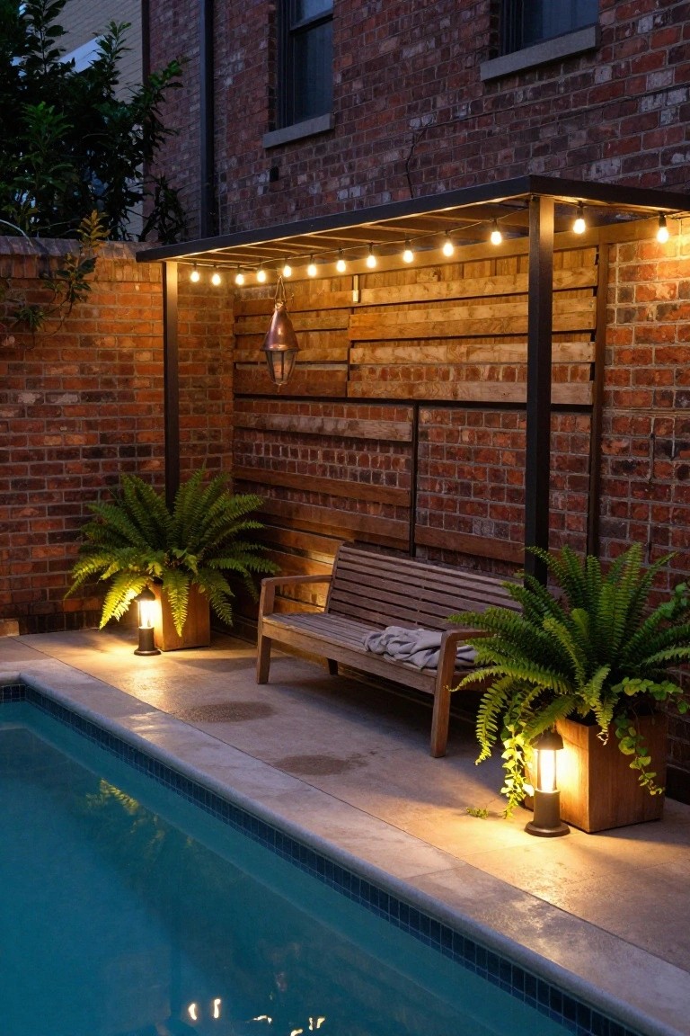 Nighttime poolside scene with wooden bench under black metal pergola strung with globe lights, potted ferns on either side lit by lanterns, brick wall backdrop and glowing pool water.
