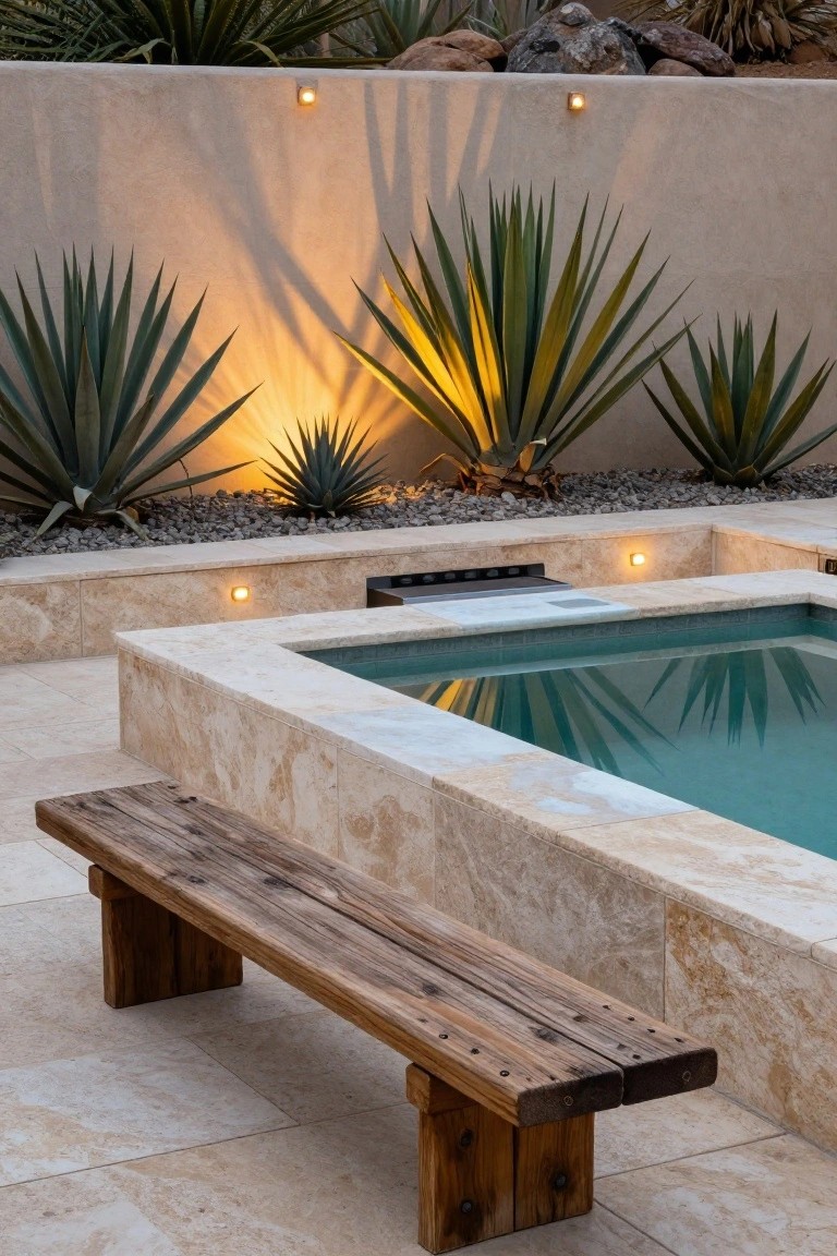 Stone-edged pool with turquoise water surrounded by uplit agave plants, gravel mulch, and a wooden bench on a tiled patio.