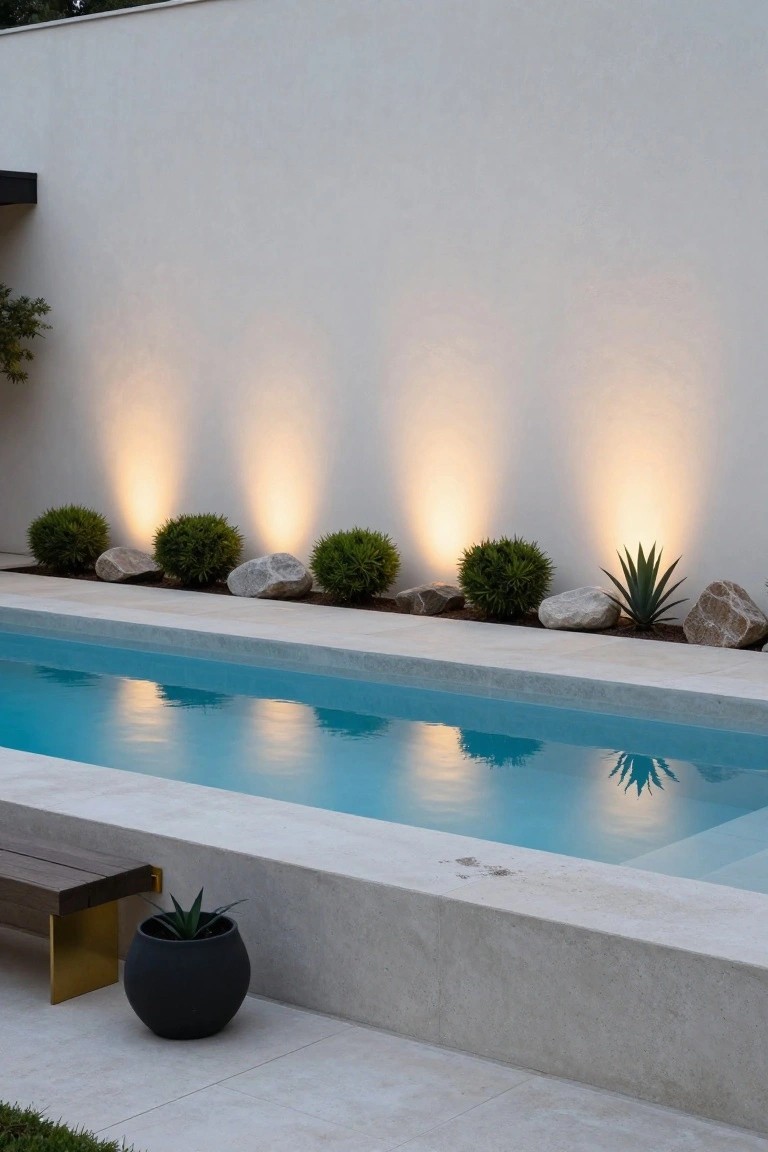 A narrow turquoise pool beside a white stucco wall with uplights illuminating boxwood shrubs, rocks, and agave plants in beds, plus a wooden bench with a potted agave nearby on a light stone deck.