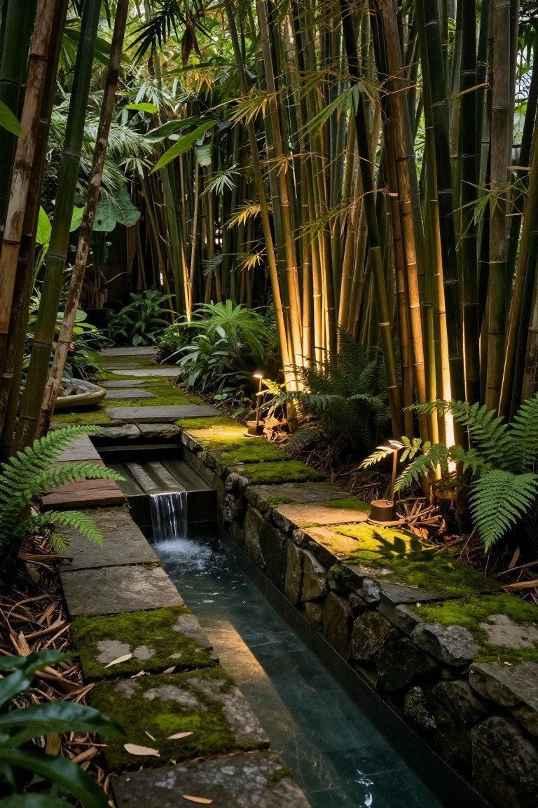 Stone pathway beside a narrow mossy water channel with a small waterfall, lined with tall bamboo, ferns, and uplights illuminating the plants in a lush garden.