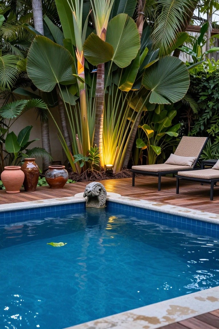 Small blue-tiled pool in a lush tropical garden at night, with uplights illuminating tall plants, wooden deck, loungers, terracotta pots, and stone lion head on the pool edge.