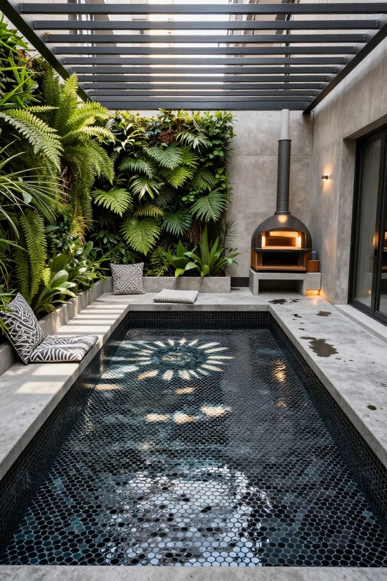 A narrow rectangular pool lined with black hexagonal mosaic tiles sits in a concrete courtyard surrounded by lush green vertical gardens, built-in benches with cushions, and a wood-fired oven nearby.