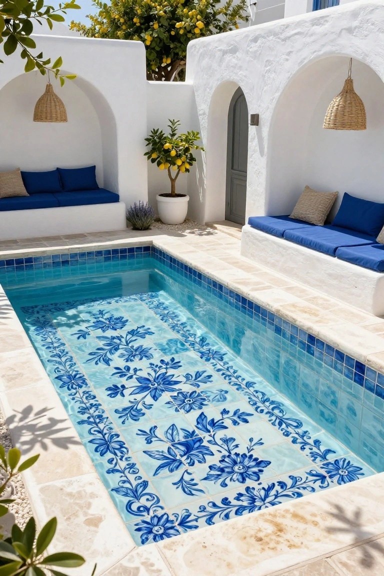 Small rectangular pool with intricate blue floral tiles on white background at the bottom, surrounded by beige stone decking, white arched walls with built-in blue cushions and plants, and hanging rattan lamps.